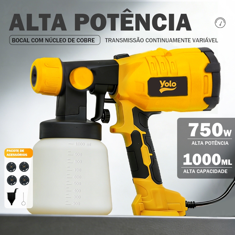 Pistola Pintura Pulverizador de Tinta de Grande Tamanho com Capacidade de 1000ml, 750W  YOLO