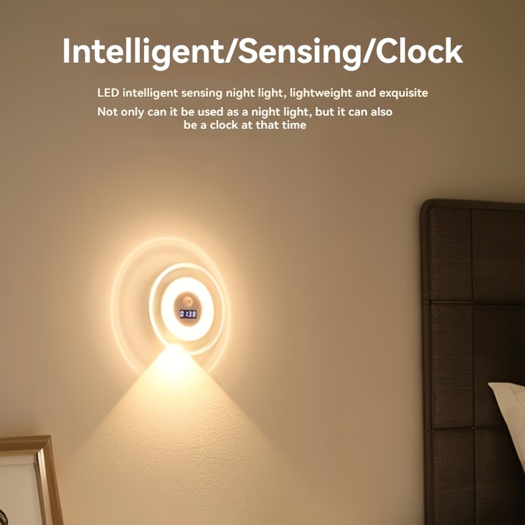 Luz de parede com sensor de movimento LED efeito de colina pequena luz noturna com relógio