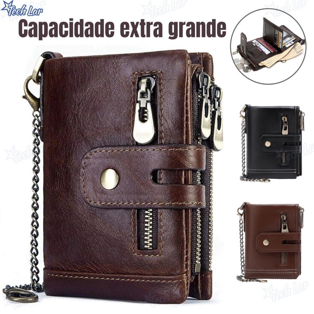 Carteira de Couro Genuíno Masculina Proteção RFID Corrente Estilosa Novidade para 2026 fina texturizada marrom preta-TL