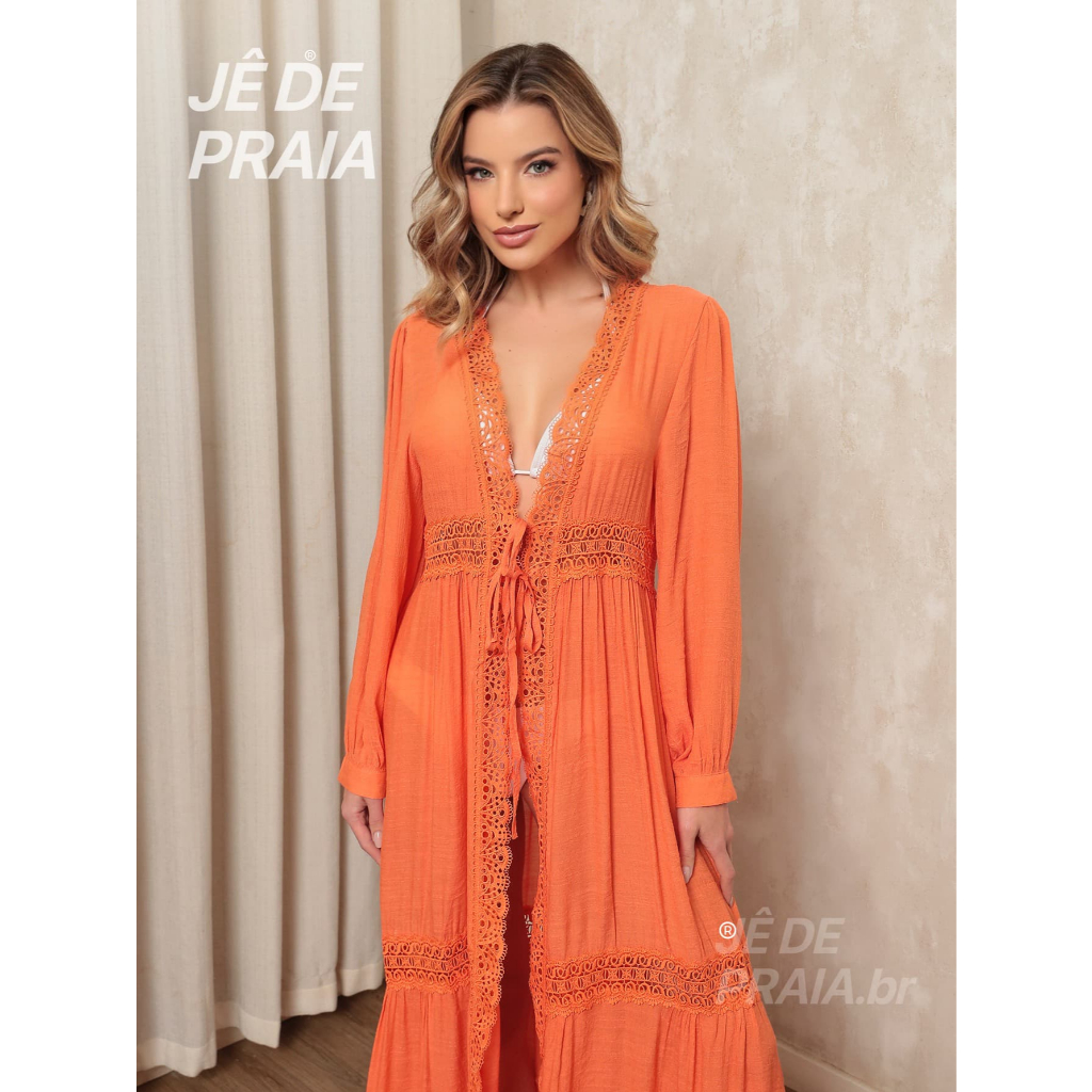 SAIA Saída de Praia LONGA Pareô Biquíni Verão Tecido Premium Moda Carnaval Piscina feminina Kimono Longo moderno sensual