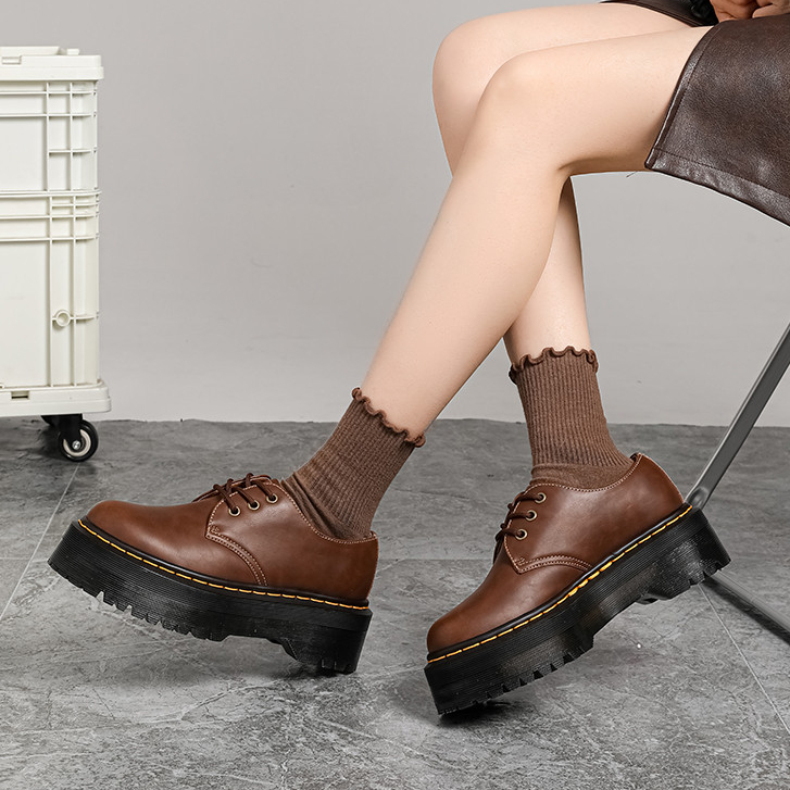 Dr.Martens Sapatos Plataforma De Couro Marrom Estilo Britânico Bico Redondo Com Cadarço Derby Calçados Casuais Elevados