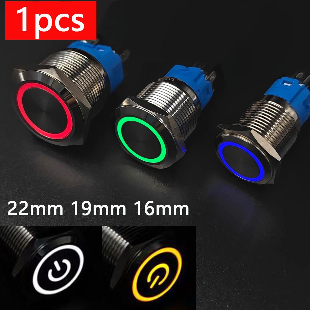 16mm 19mm 22mm LED Interruptor De Botão De Metal Leve 1NO1NC Start Stop Vermelho Azul 5v 6V 12v 24v