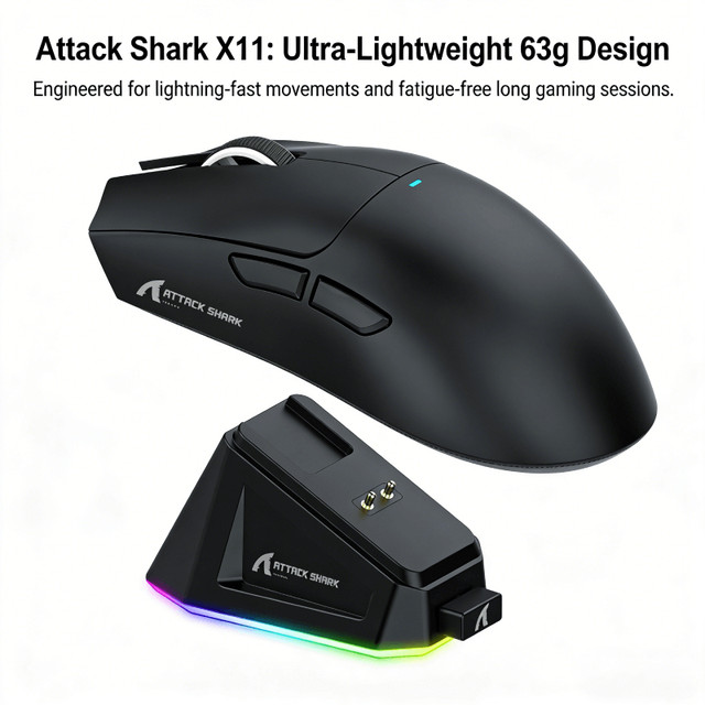Mouse Attack Shark X11 Bluetooth para notebook sem fio com dock de carregamento magnético 63 g ultraleve 22000 DPI novo