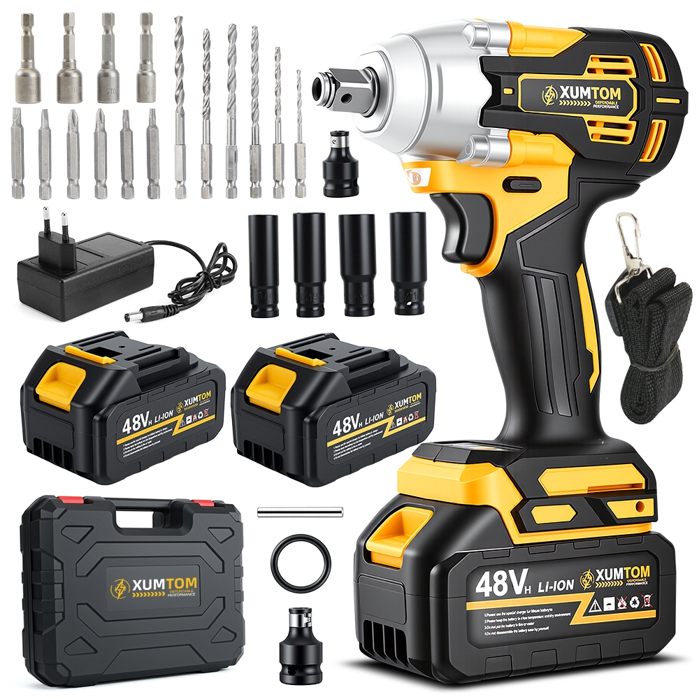 Chave de Impacto 48V Parafusadeira Furadeira Elétrica Sem Fio Com 2 Bateria Motor Brushless Kit Completo Acessórios