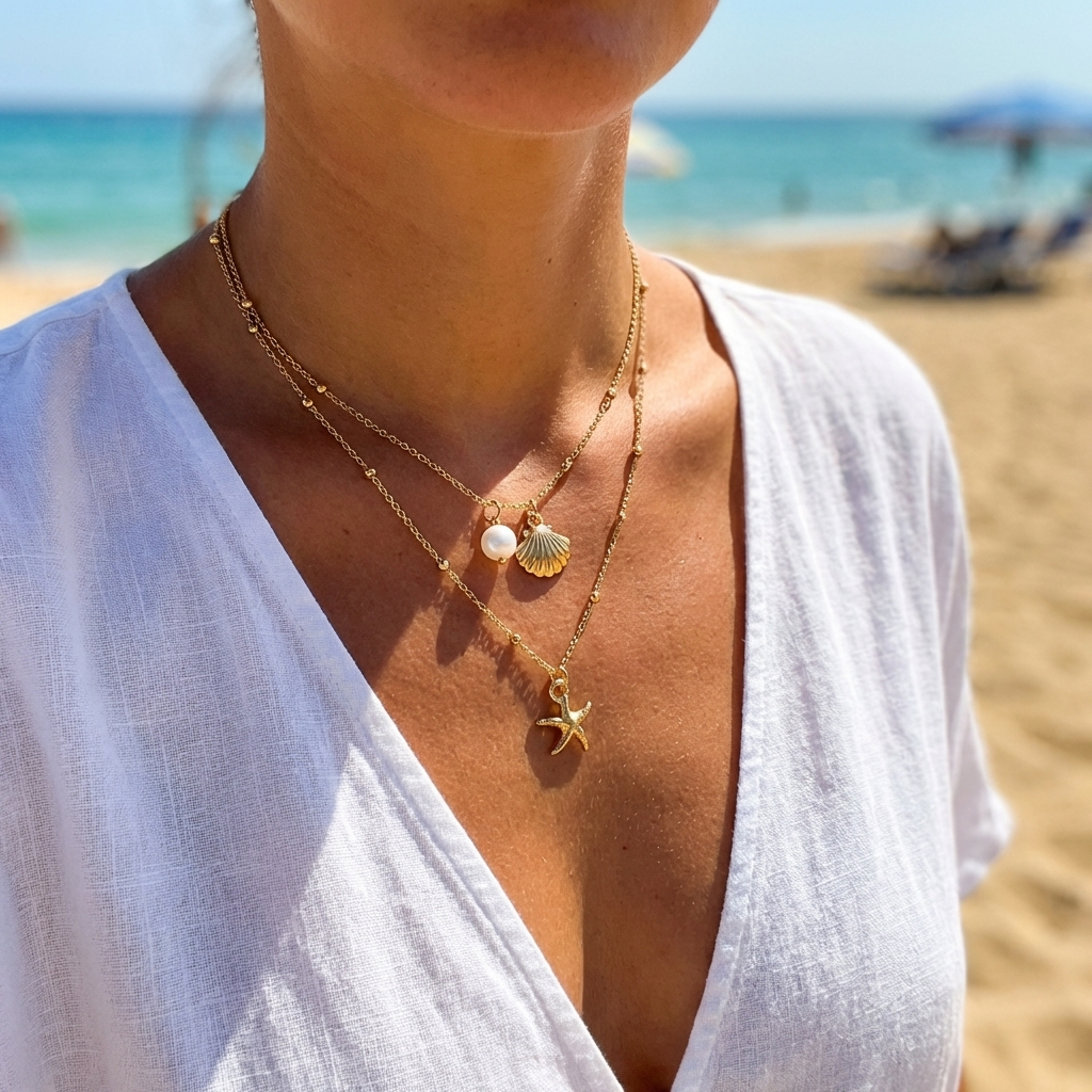 Colar Feminino Multicamadas Miçangas Pingente Estrela Do Mar Praia Boho Ajustável — imagem 2 de 2