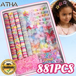 Kit Completo Acessórios de Cabelo Infantil 881 Peças Elásticos e Presilhas Coloridas Para Menina Presente Festa Aniversá