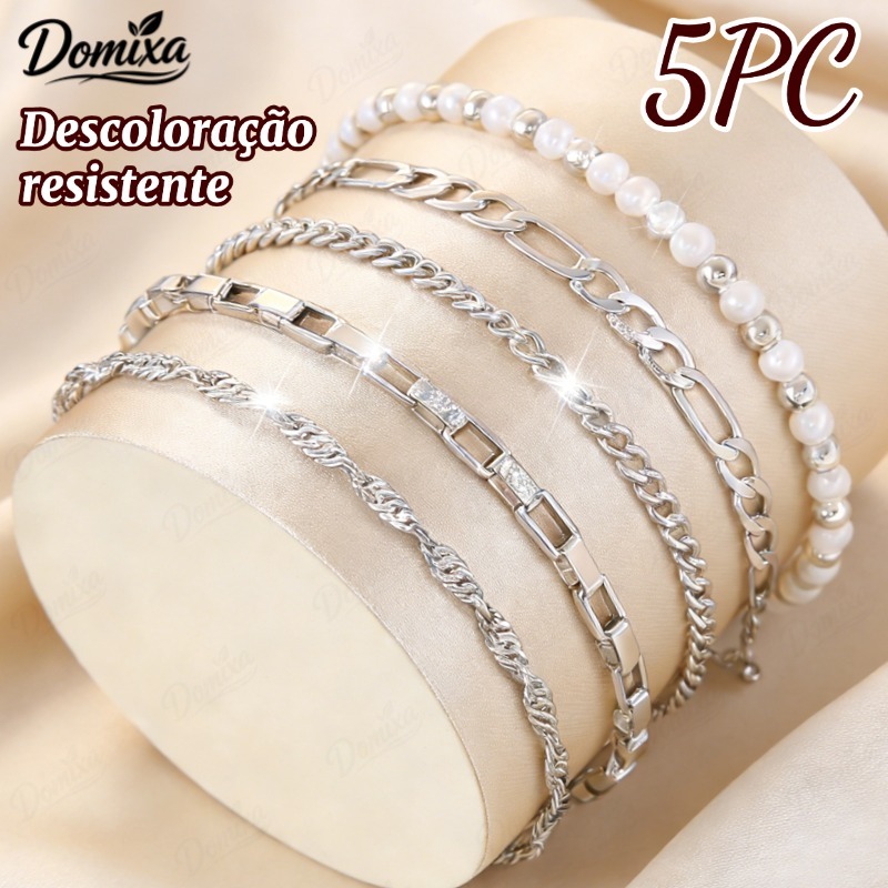 Conjunto de 5 pulseiras de aço inoxidável, à prova d'água e com cores que não desbotam Colar de pérolas-DO em Oferta na Shopee