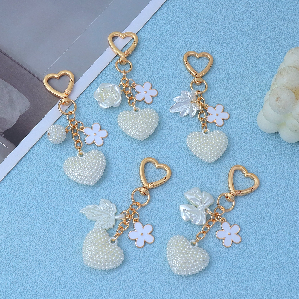 Requintado Imitação De Pérola Formato De Coração Chaveiro Doce Flor Branca Porta-Chaves De Carro Casal Presentes Bolsa D