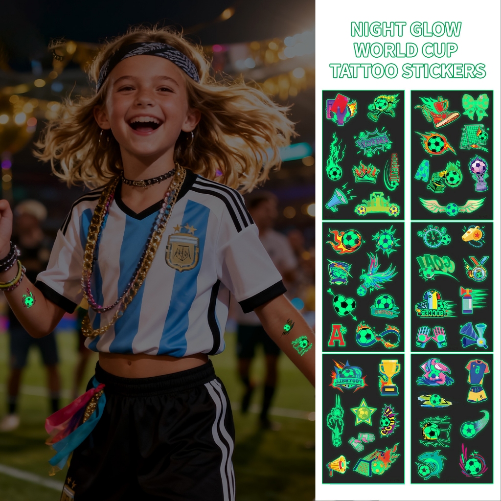 [Glow] Tatuagem Copa do Mundo 2026 Futebol Adesivo Luminoso Brilha no Escuro Torcedor Festa Kit Variado Bolas Troféu