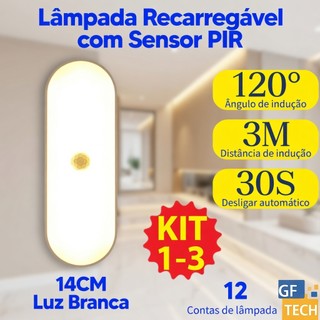 Luz LED Sensor Movimento Recarregável PIR Para Armário Escada Quarto