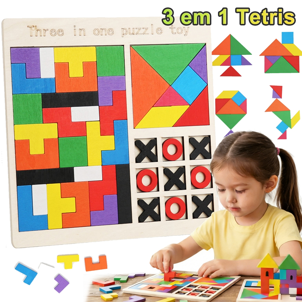 3 em 1 Tetris,Brinquedo educativo infantil de madeira 3D colorido,Brinquedo Montessori quebra-cabeça de blocos,Tangram
