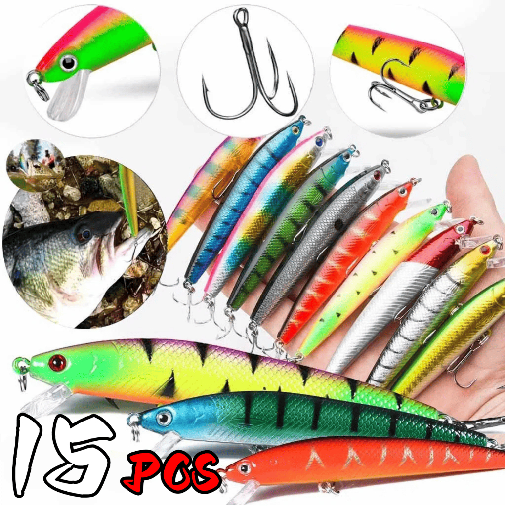 15pçs Isca De Pesca Artificial Isca Dura de Qualidade Minnow Lure 3D Plástico Wiggle De Plástico Isca Acessórios Pesca