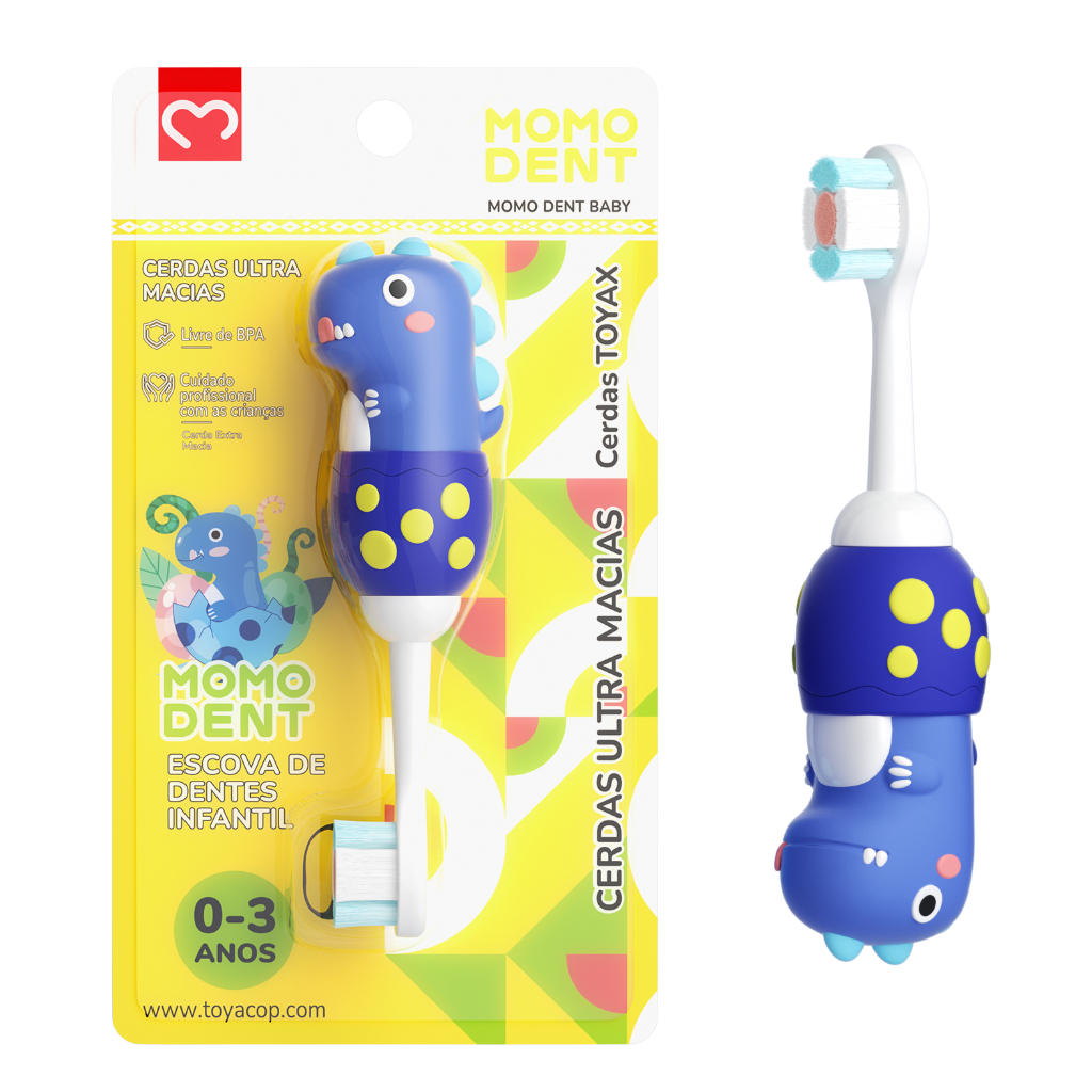Conjunto de escova de dentes infantil MOMODENT BABY Dinosaur BABY (0-3 anos) | Alça antiderrapante de Silicone com cerda