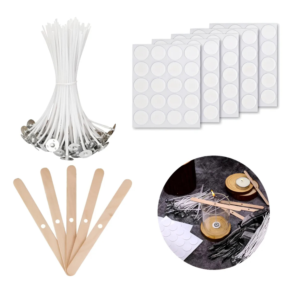 Kit 100 Adesivos 25 Centralizador 100 Pavio Vela 10cm 3mm