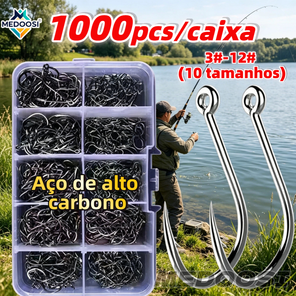 MEDOOSI - 1000pcs Caixa Com Alto Carbono Anzóis Mistas Tamanho Acessórios De Pesca de misto de aço nos Tamanhos 3 ao 12