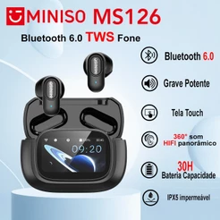 Fone De Ouvido MINISO MS126 Fone Sem Fio TWS Bluetooth 6.0 LCD Tela Touch Super Bass Microfone
