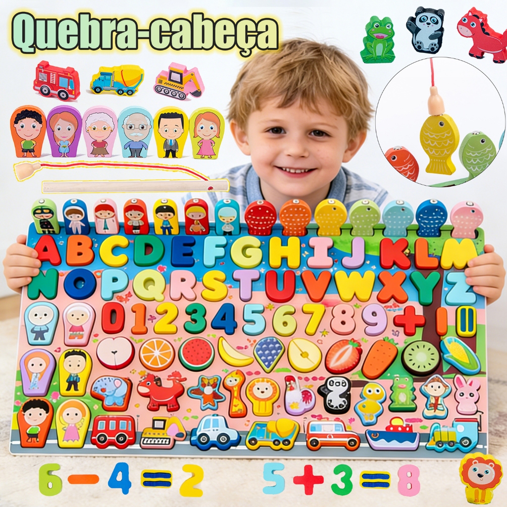 Jogo de quebra-cabeça de madeira para crianças,com letras e números,Brinquedo educativo magnético de pesca Montessori