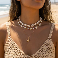Colar Feminino Multicamadas Miçangas Pingente Estrela Do Mar Praia Boho Ajustável