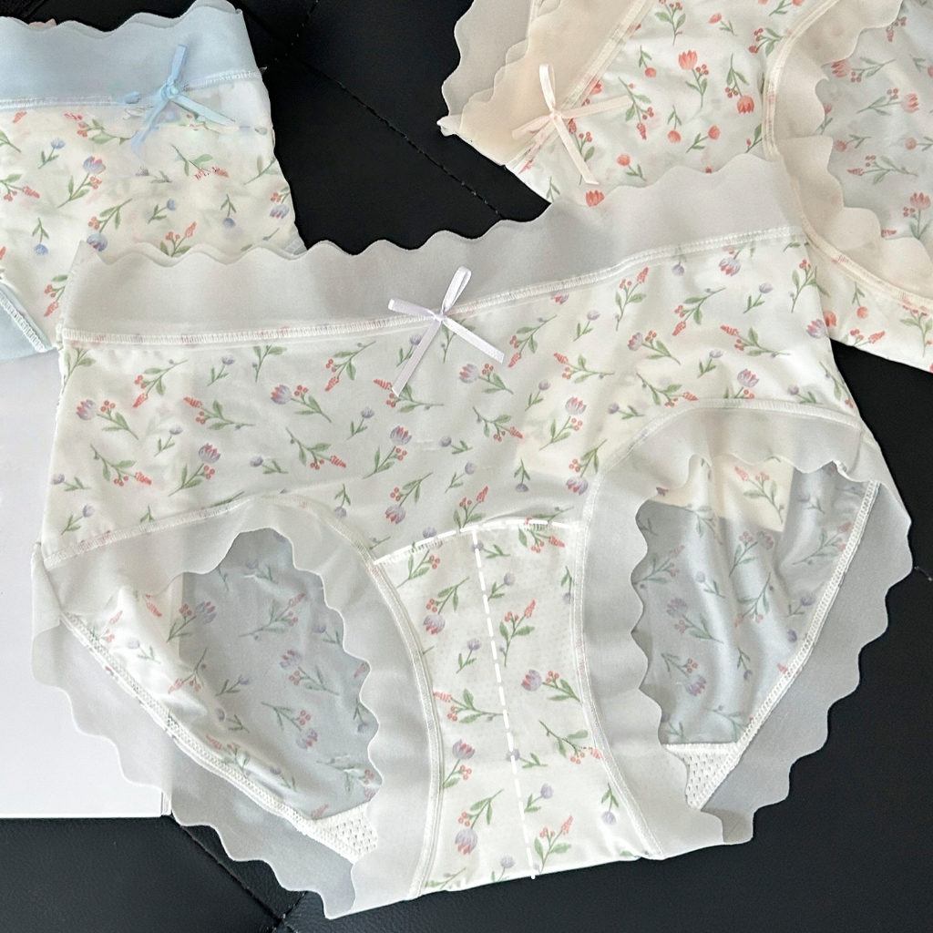 Calcinha Floral De Seda Gelada De Cintura Média , Linda Roupa Íntima Com Babados Para Mulheres