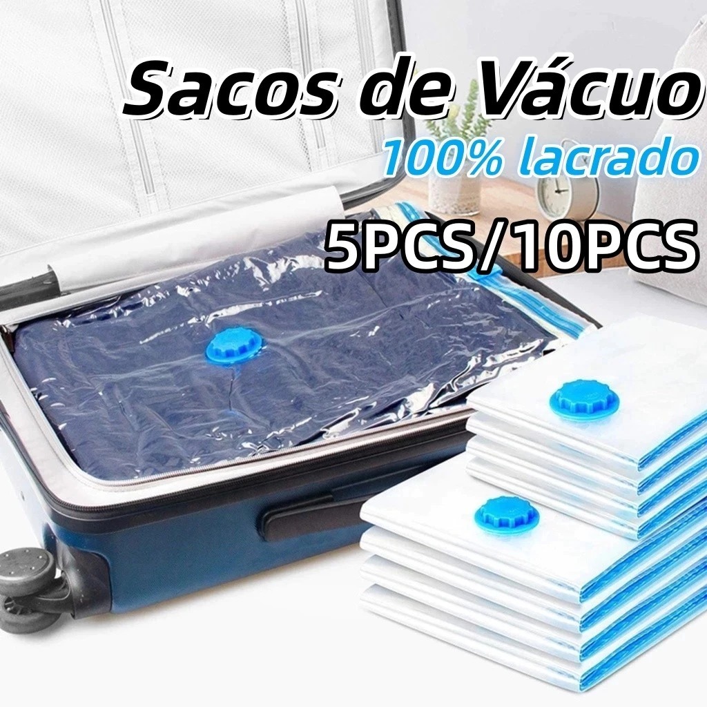 Kit 10/5 Sacos a Vácuo + Bomba Manual Organizadores Roupas Edredons Viagem Antimofo Reutilizável