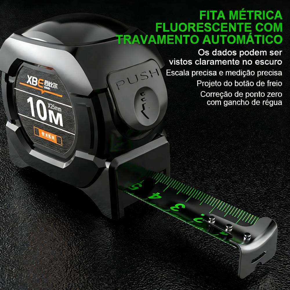 Fita Métrica Aço Carbono Fluorescente 10M/7.5m Auto Travante Alta Precisão p/ Construção - Trena c/ Trava