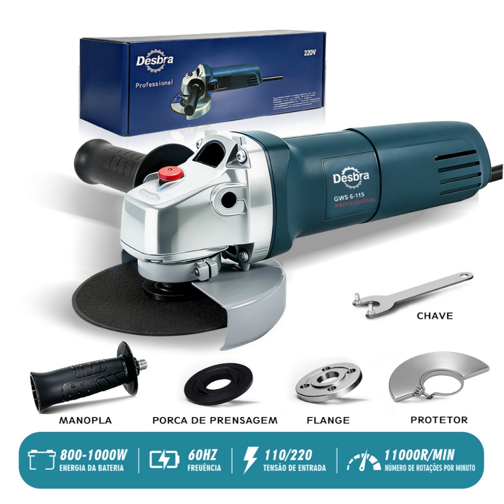 Esmerilhadeira Angular Multifunção Bivolt 110V/220V 11000RPM Kit Completo Profissional Ideal para Corte Polimento Lixage