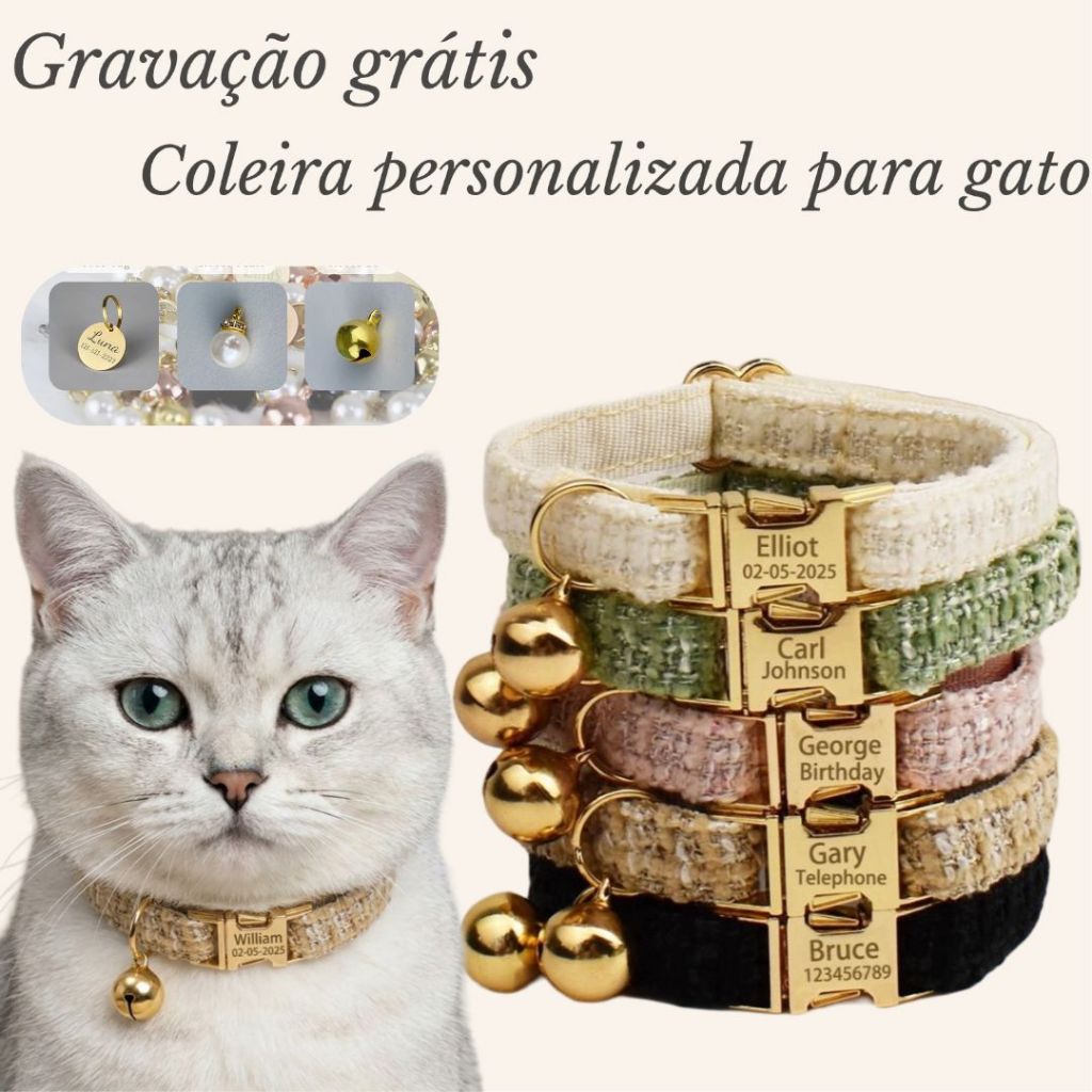 Coleira De Gato Personalizada Gravada , Gatinho Com Nome E Cachorrinho Etiqueta De , Sino Dourado Grátis , Presente Para