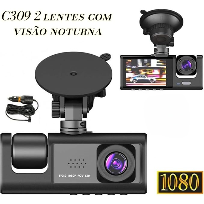 Câmera de painel de carro HD 1080P, câmera de 2 lentes, gravador DVR, câmera de direção