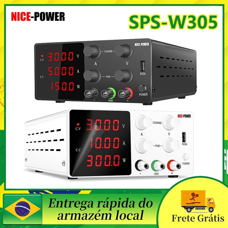 Fonte de alimentação DC de laboratório ajustável 0-30V 0-10A 5A Fonte de alimentação de bancada de comutação USB (5V 2A)