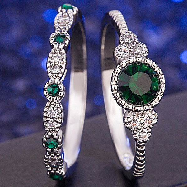 2 Peças 925 Anéis De Zircônio Esmeralda Banhados A Prata Para Mulheres Joias De Casamento Da Moda