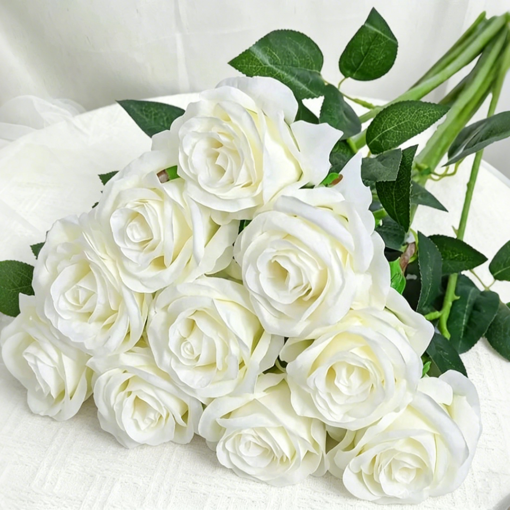 Kit 10 Rosas Artificial Aveludada 50cm Branco Individual Decoração Arranjo Flor