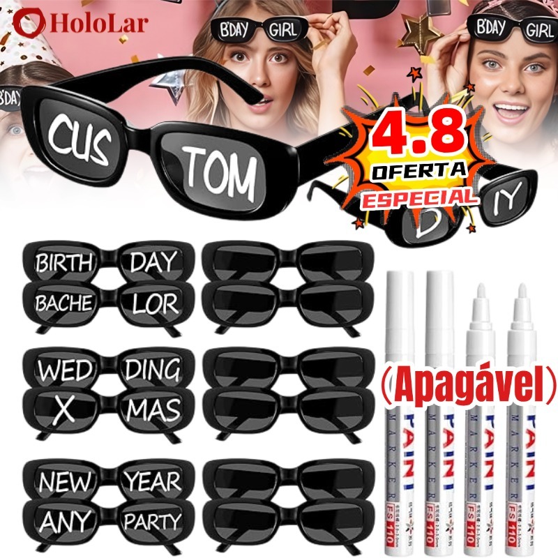 Oculos Vintage Retro Preto Liso + Caneta Giz Festa Casamento Evento Balada Despedidas Cor Preto-HL