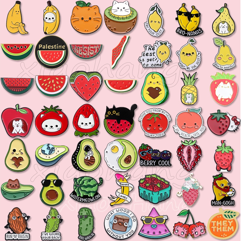 Engraçado Fruta Gato Esmalte Pinos Laranja Banana Morango Melancia Broche Abacate Pino Lapela Emblemas Dos Desenhos Anim