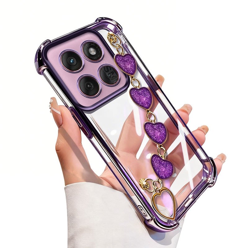 Capa VRQR Para Motorola Moto Edge 50 60 70 Fusion 60S 5G Quatro Cantos Anti Queda Coração Pulseira Transparente Silicone
