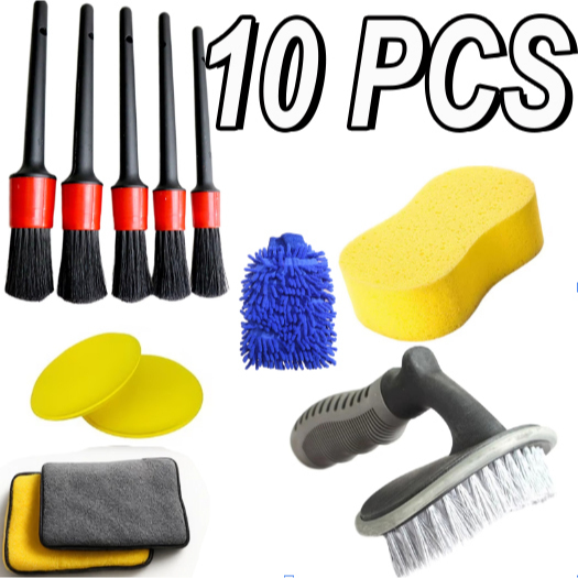 Kit 10 Peças Lavagem Automotiva Esponja + Escova + Flanela 30x40cm + Aplicador de Cera + Luva Microfibra + 05 Pincel