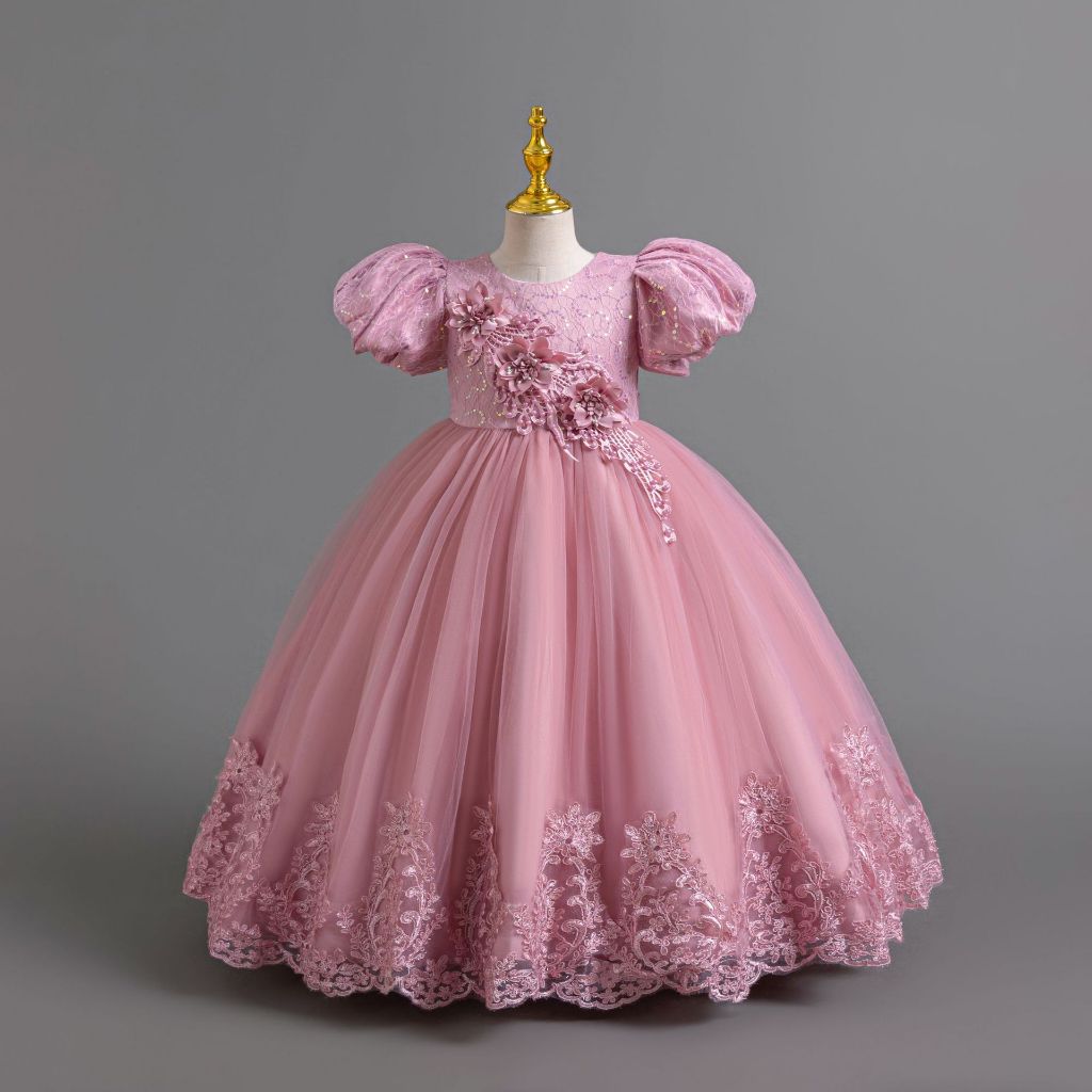 Vestido infantil manga bufante renda vestido de princesa vestido longo 3-12 anos vestido de festa para meninas vestido d