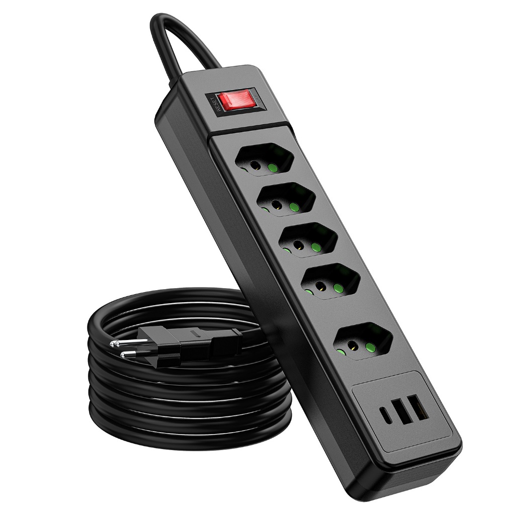 Tomada Múltipla 5 Soquetes 3USB + USB-C Certificado Inmeter Protetor Contra Surtos À Prova De Chama Carregamento Rápido