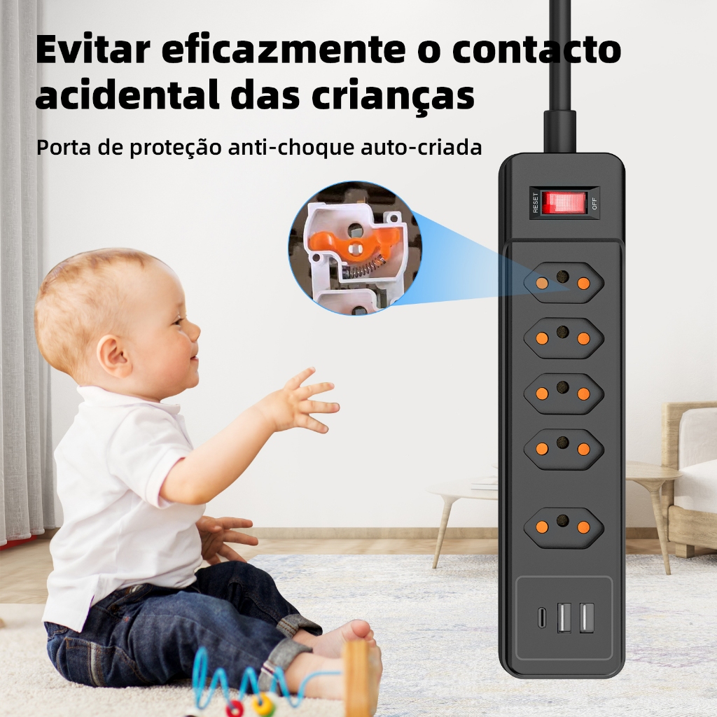Tomada Múltipla 5 Tomadas 3USB + USB-C Certificado Medidor Protetor Contra Surtos Filtro De Linha Anti-Flame Carregament