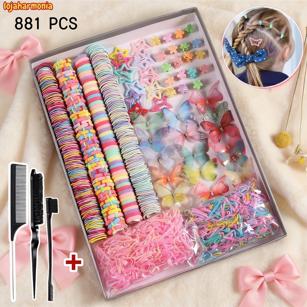 Conjunto com 881pcs de elásticos de cabelo coloridos mistos com clipes em forma de estrela para penteados.-loj
