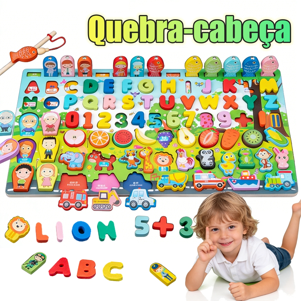 Jogo de quebra-cabeça infantil com letras e números,Placa de pesca magnética de madeira,Brinquedos educativos Montessori