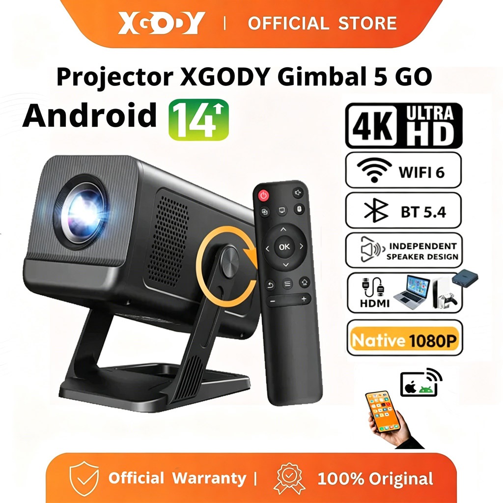 Projetor XGODY Gimbal 5 GO 500 ANSI Android 14 WiFi 6 BT 5.4 Suporta 4K/8K Full HD 1080P Portátil Giratório 180° com HDM