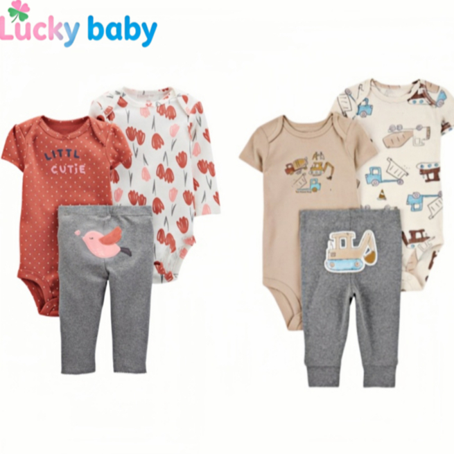 Conjunto Bebê Recém-Nascido Unissex Manga Longa+Curta 100% Algodão Macio Confortável 0–12 Meses Uso Diário