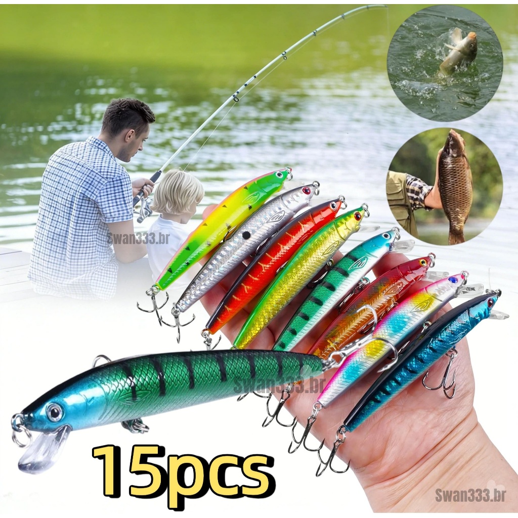 Kit 15 Iscas Artificial Meia água Premium Pesca Truta Peixe Realista Anzol Duplo 9cm 8,5g Isca com gancho