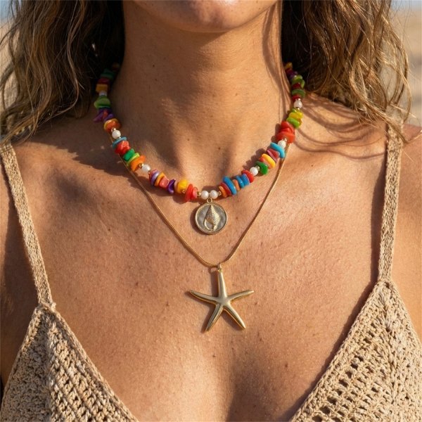 Moda 2 Pçs Verão Boêmio Assimétrico Colorido Pedra Natural Estrela Do Mar Pérola Colar Feminino Praia Férias Presente Ac