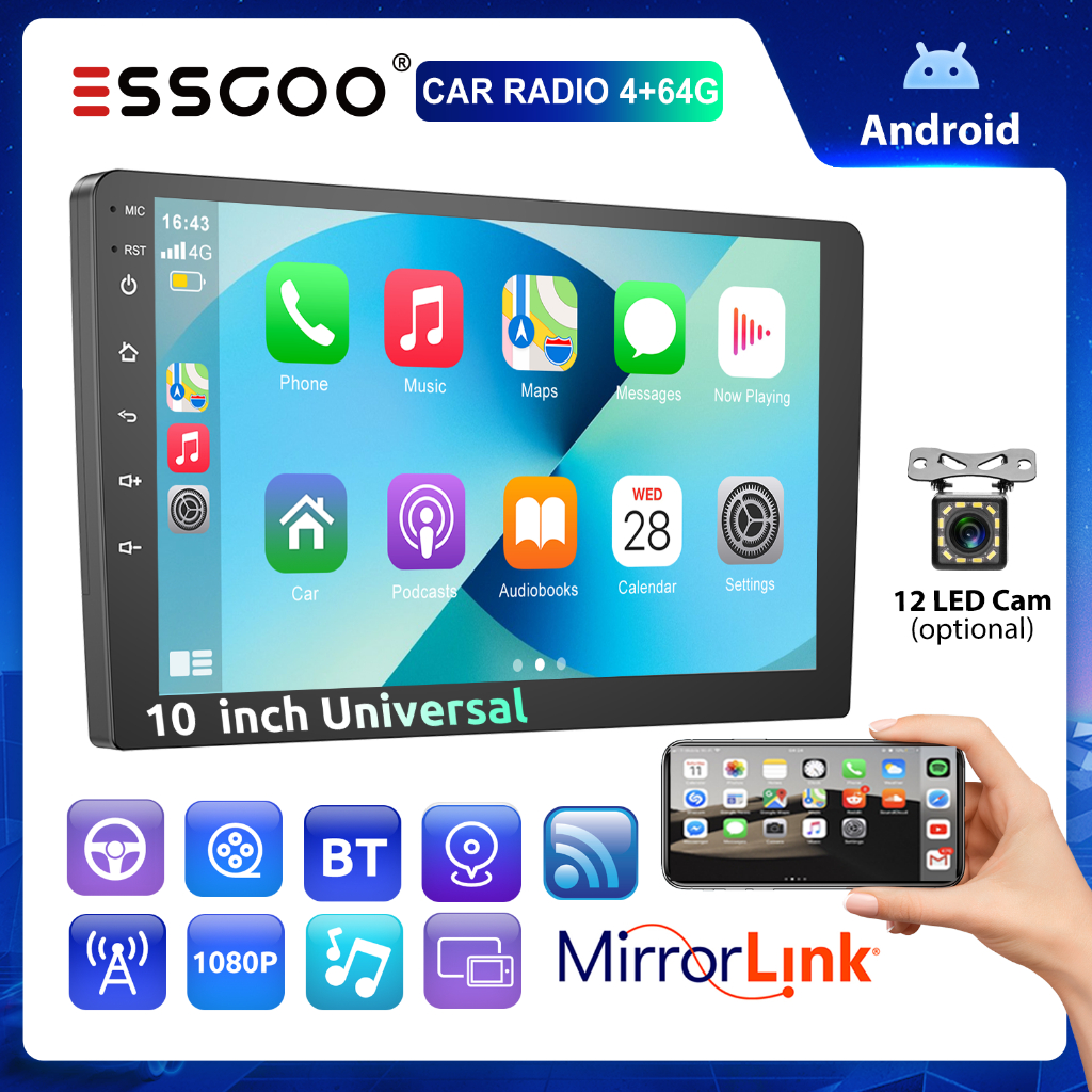 (Envio De São Paulo) ESSGOO 10 Polegadas 2 Din Car Multimedia MP5 Player Android 14 Estéreo Para Carro Com GPS BT