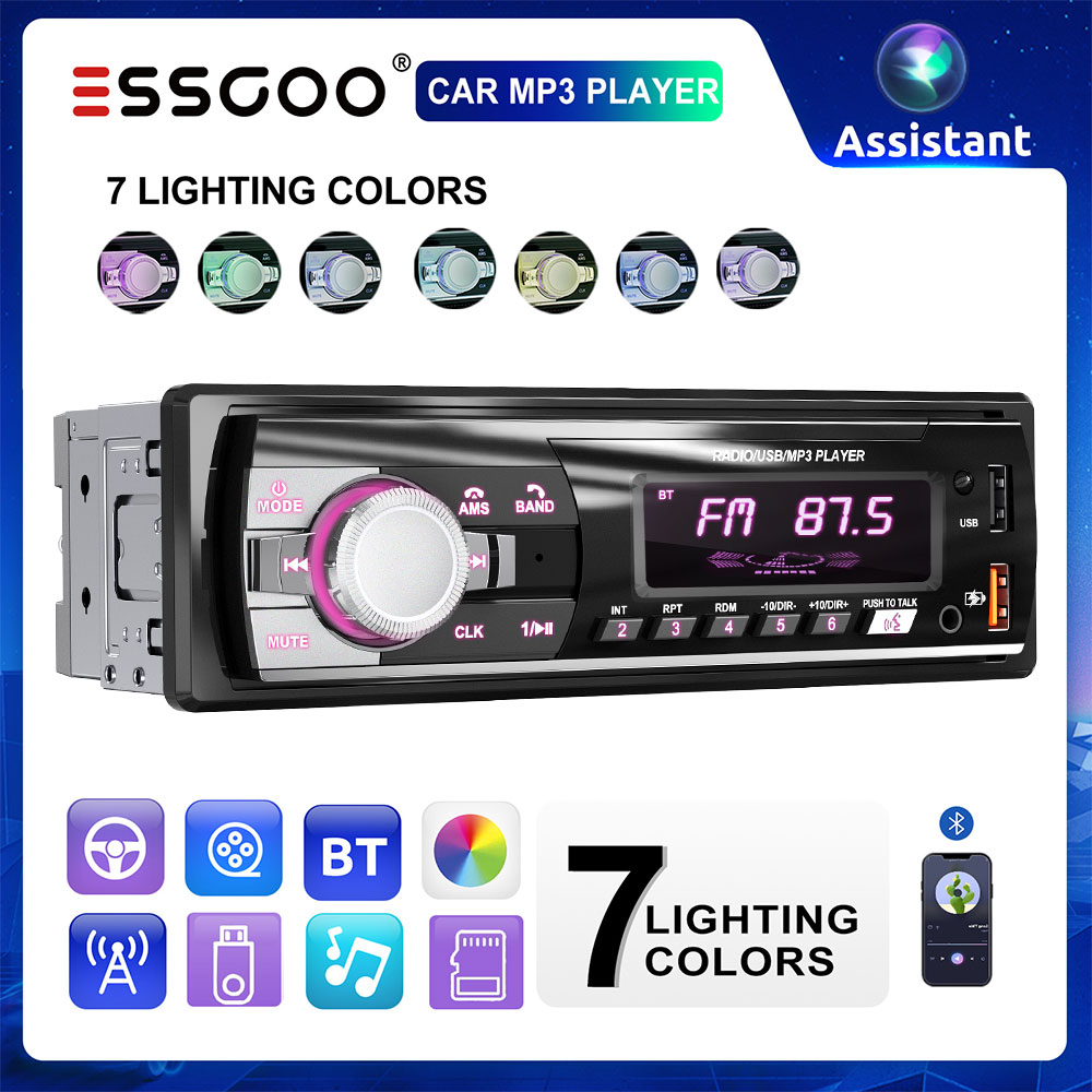 ESSGOO Rádio Para Carro 1 Din BT MP3 Player Subwoofer Música Multimídia Automático USB AUX Receptor FM