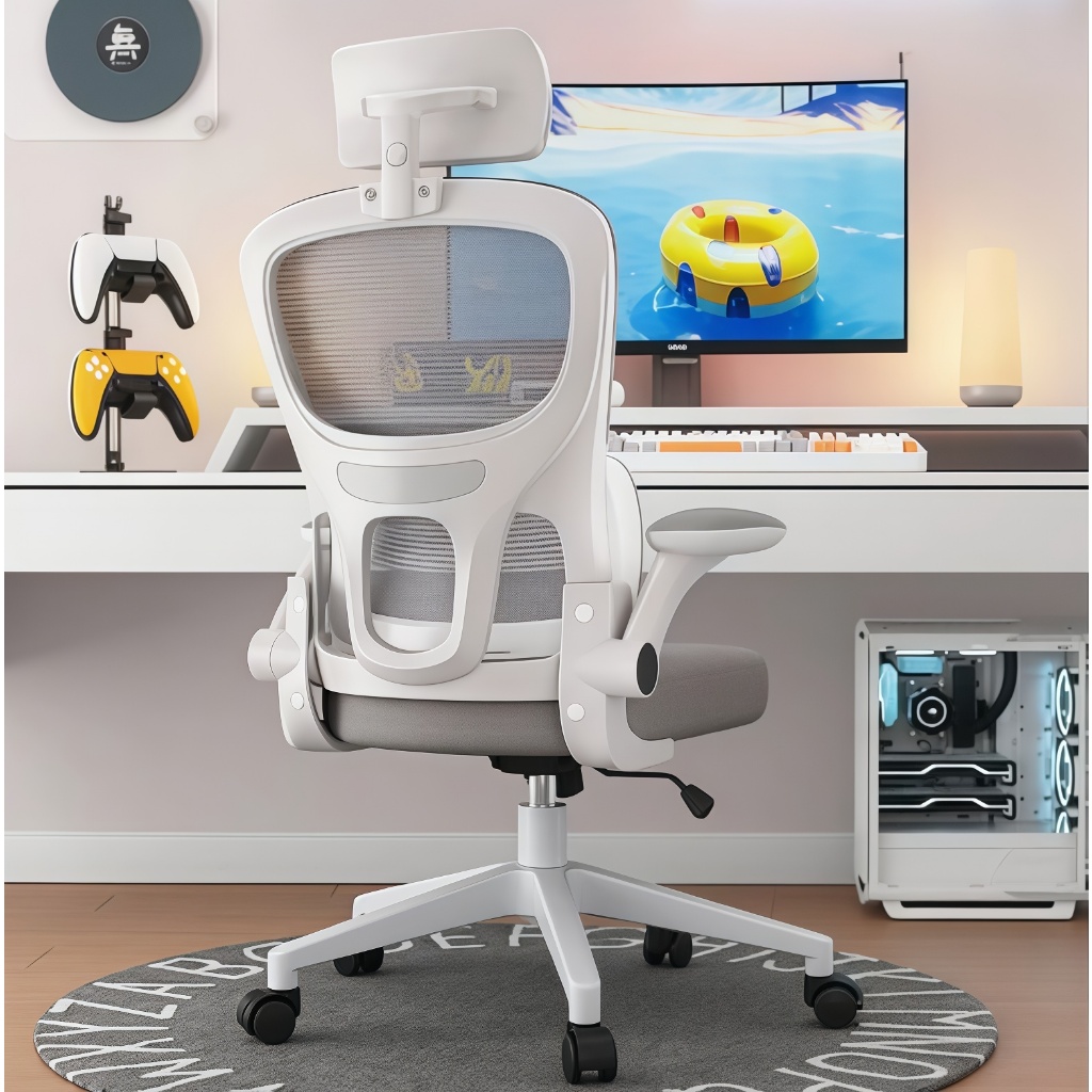 Cadeira de Escritório Ergonômica Com Apoio Lombar e Apoio de Cabeça Cinza com estofado de