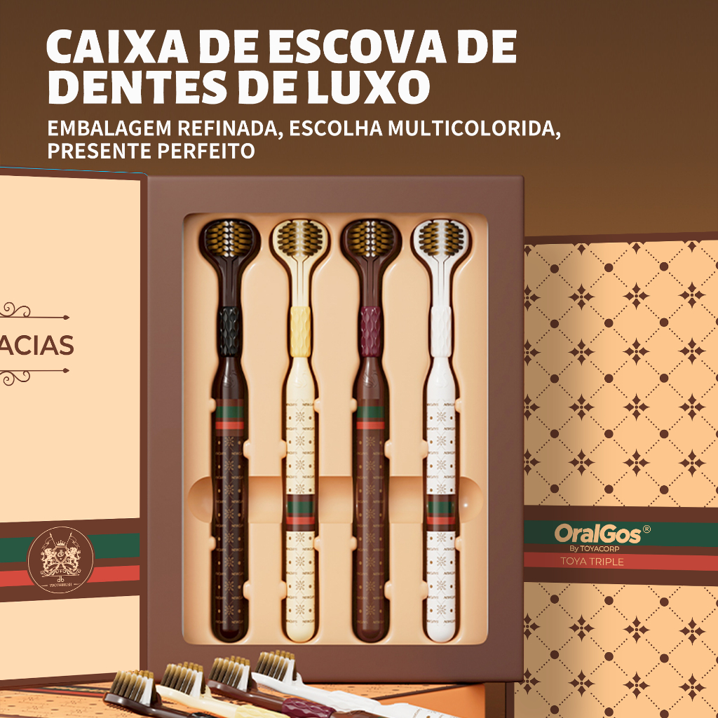 Oralgos escova dentes de três faces, 4 cores opcionais, limpeza 3D, caixa presente