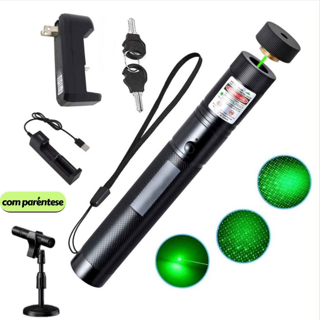 Caneta Laser Pointer Verde com Bateria Recarregável Chave de Segurança 303 com suporte