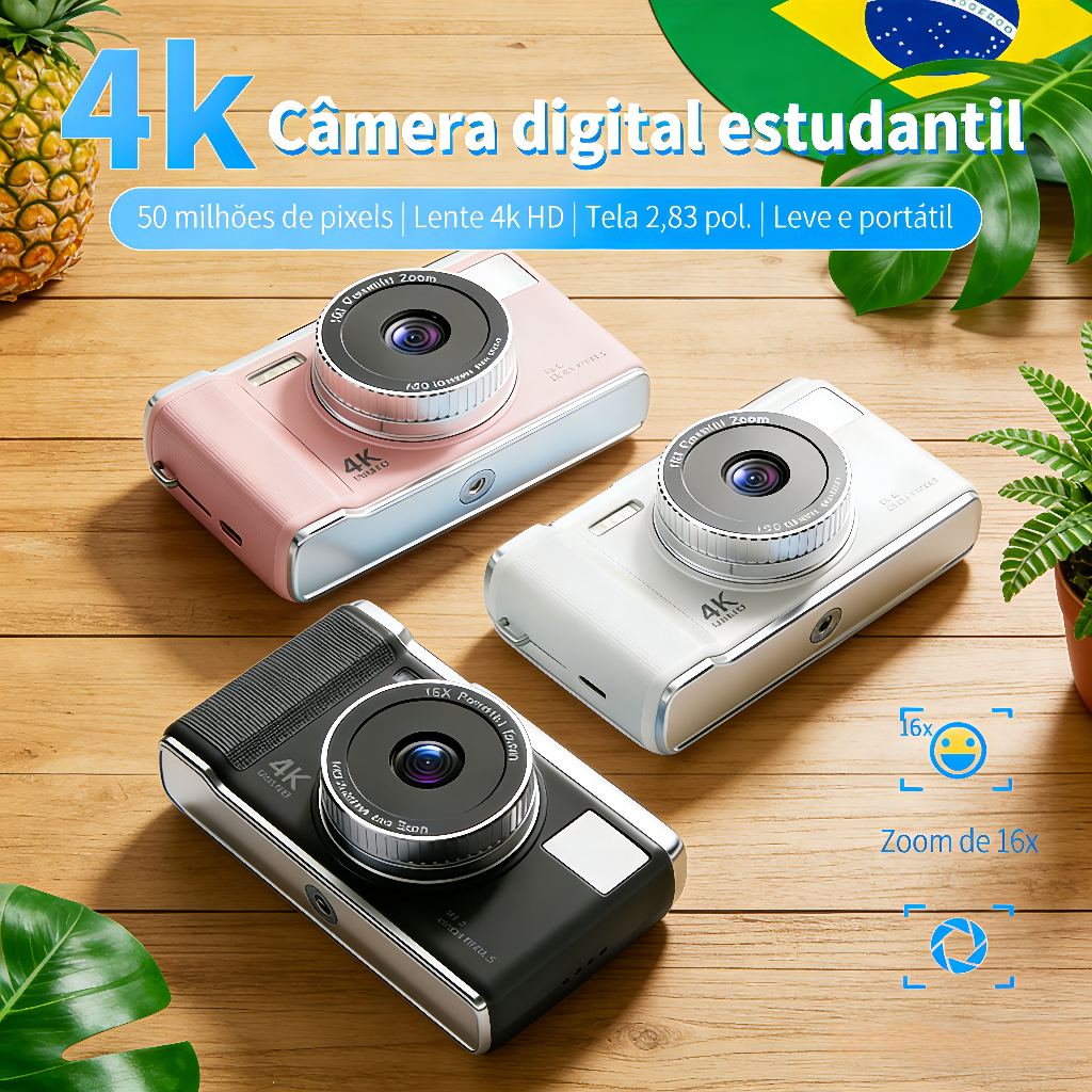Reecy Câmera Digital 4K Hd, 50mp, Zoom 16x, Auto Foco, Anti-vibração, Cartão 32g , Iniciantes e Estudantes